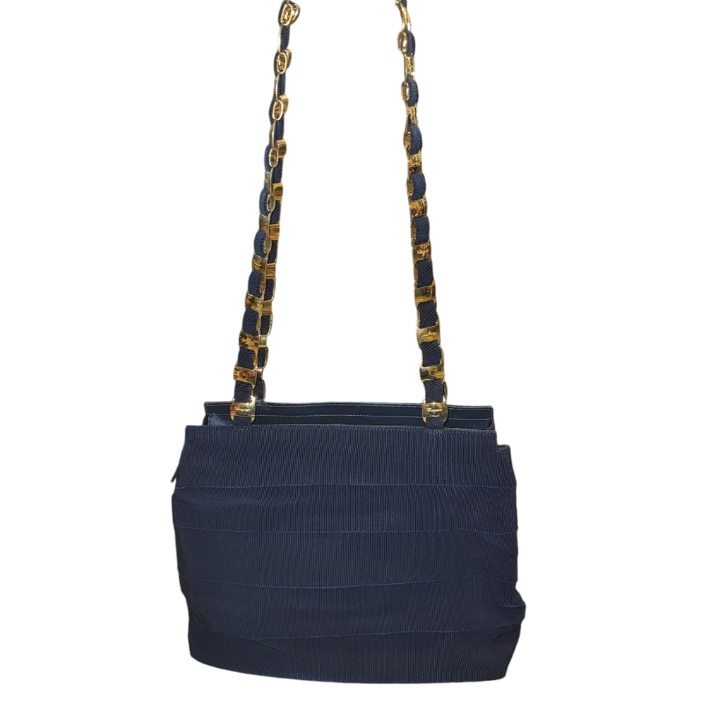 VTG Salvatore Ferragamo Navy Blue Grosgrain Ribbon Tiered Shoulder Bag w/COA
